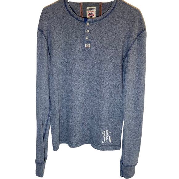 Superdry Henley Shirt 100% Cotton Embroidered Logo 1/2 Button Up Heather Blue L - Picture 1 of 5